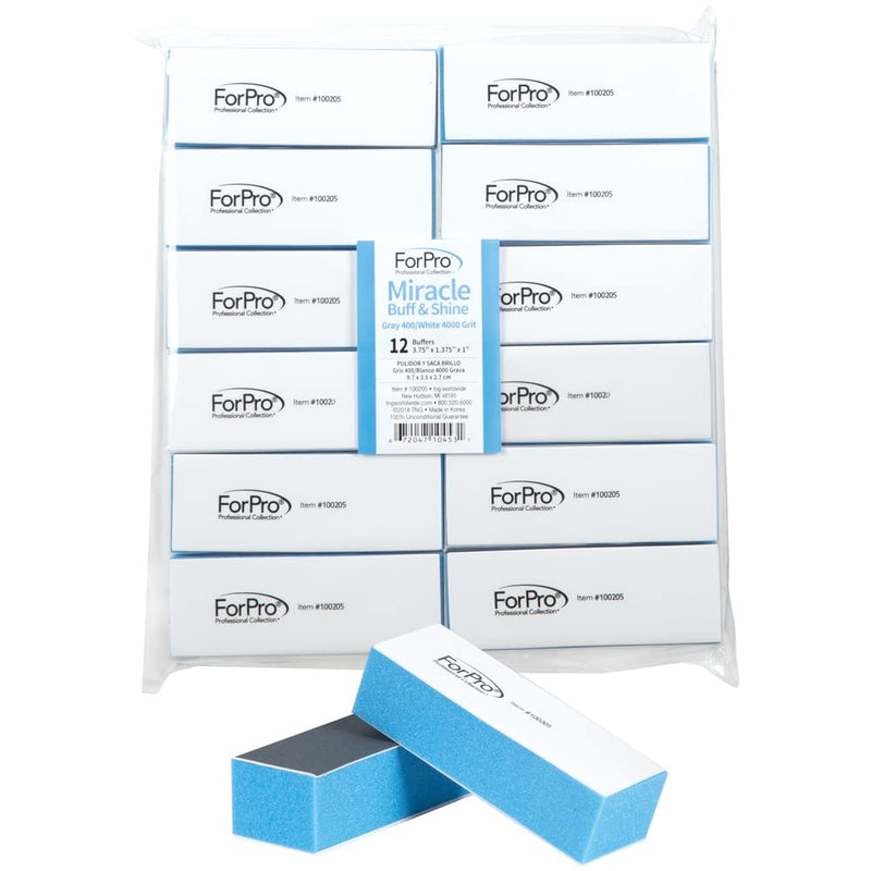 [Australia] - ForPro Miracle Buff & Shine - Grey 400/White 4000 Grit- Twelve (12) Double Sided Manicure & Pedicure Buffers - 1” H x 1.375” W x 3.75” L 