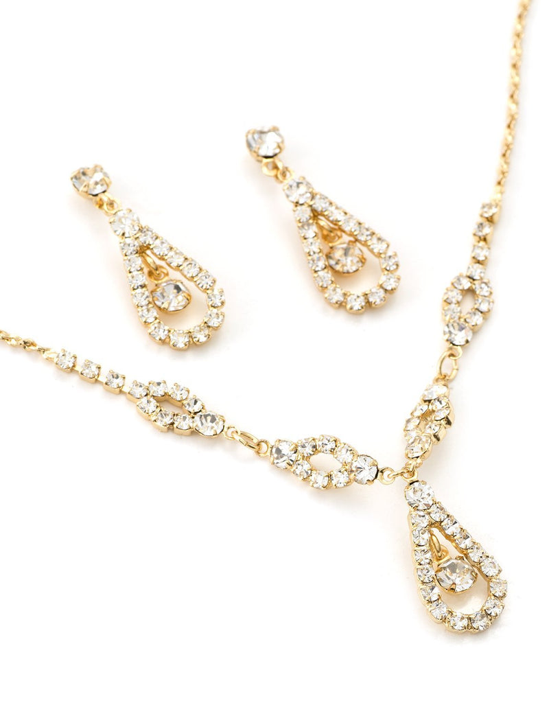 [Australia] - Topwholesalejewel Gold Teardrop Shape Line Necklace with Crystal Inserts & Matching Dangle Earrings Jewelry Set 71965-200 