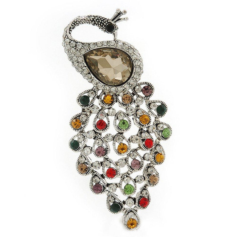 [Australia] - Avalaya Vintage Inspired Multicoloured Swarovski Crystal 'Peacock' Brooch in Silver Tone - 63mm Length 
