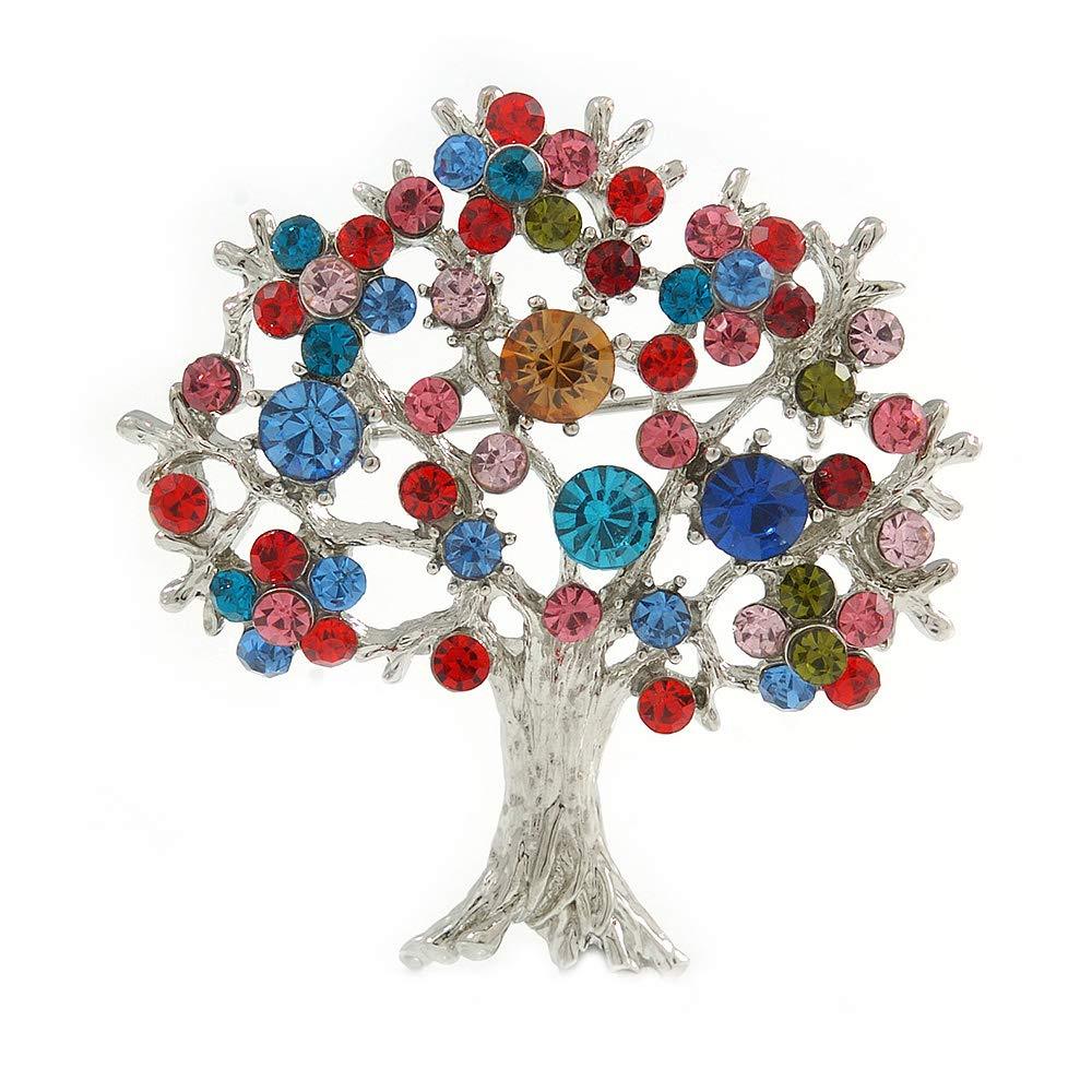 [Australia] - Avalaya Multicoloured 'Tree of Life' Brooch in Silver Tone Metal - 52mm Tall 