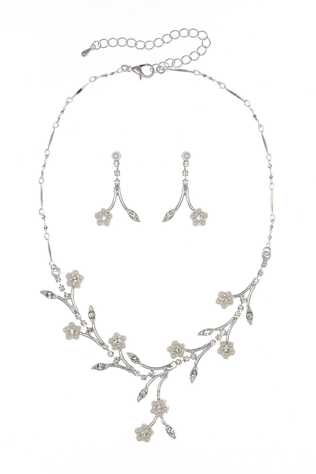 [Australia] - Crystal Flower Leaf Bridal Wedding Necklace Earrings Set - Silver Plated Faux Pearls N143 