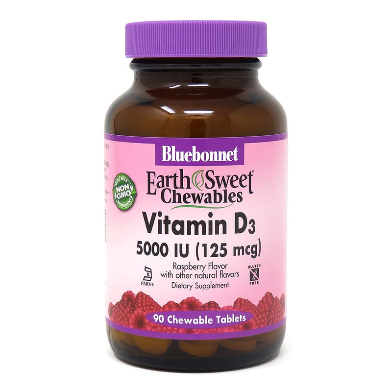 [Australia] - Bluebonnet Nutrition Earth Sweet Vitamin D3 5000 IU Chewable Tablets, Aids in Muscle & Skeletal Growth, Non GMO, Gluten & Soy & Milk Free, Kosher, Raspberry, White, 90 Count 