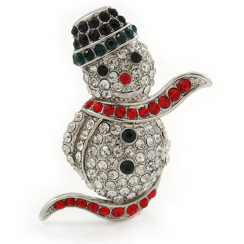 [Australia] - Avalaya Christmas Crystal 'Snowman' Brooch in Rhodium Plating - 48mm Length 