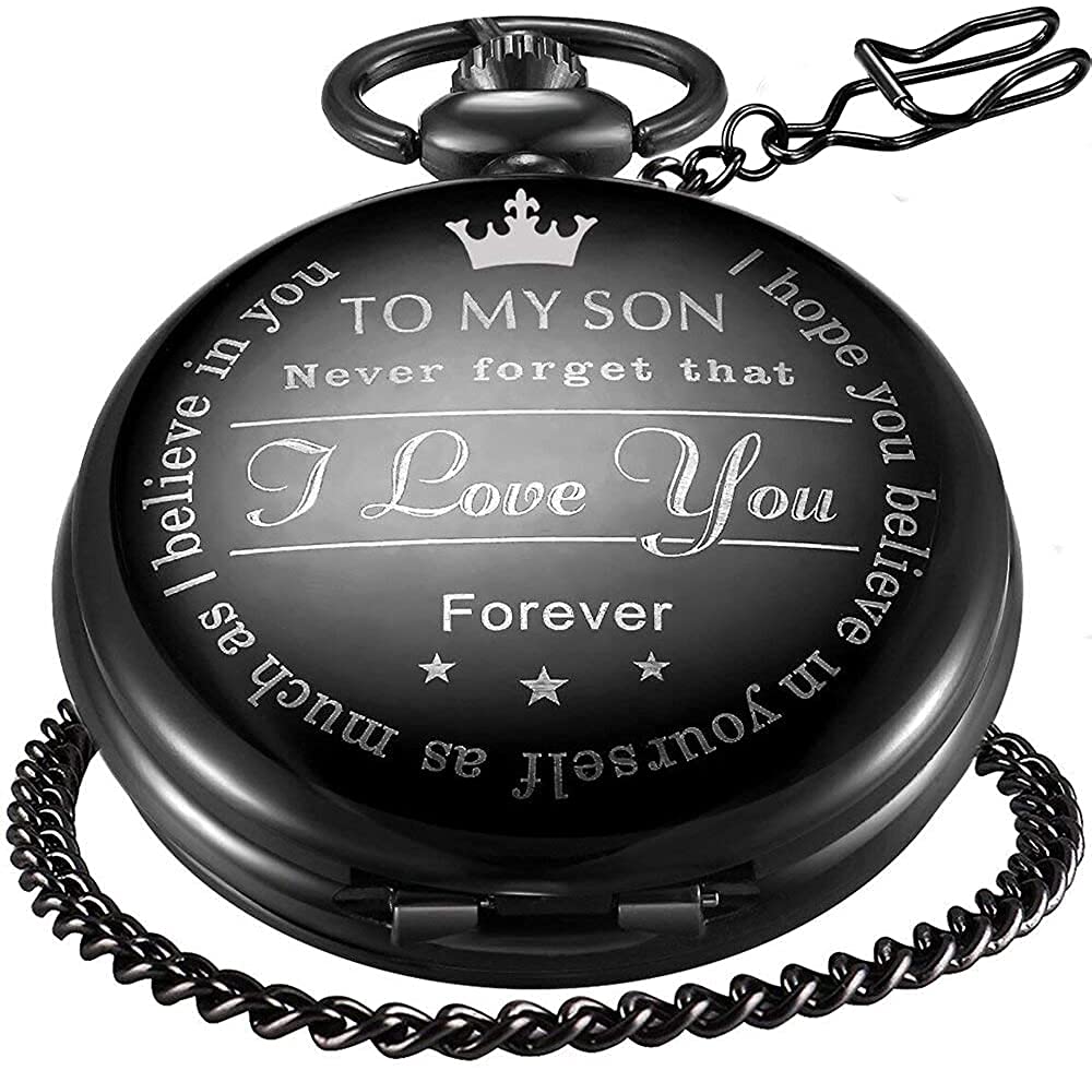 [Australia] - LYMFHCH Engraved Personalized Pocket Watch for Son Gifts Vintage Quartz Pocket Watches with Chain Christmas Graduation Gifts Black 
