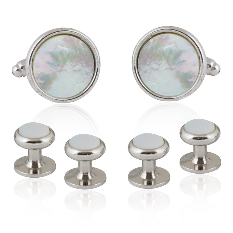 [Australia] - Mens Silver and Mother of Pearl Tuxedo Cufflinks Studs Formal Set with Presentation Box 
