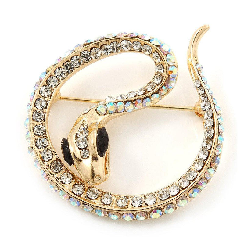 [Australia] - Gold Tone AB, Clear Crystal Coiled Snake Brooch - 40mm Width 