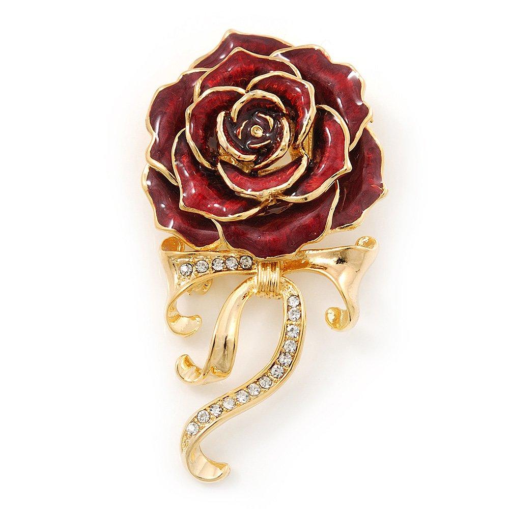 [Australia] - Avalaya Burgundy Red Enamel Rose with Crystal Bow in Gold Plating - 65mm Length 