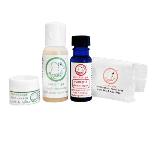 [Australia] - Chidoriya Geiko Skin Care Trial and Travel Set for Normal and Combination Skin with Face Cream, Massage and Cleansing Oil, Peach Moon Herbal Water, and Azuki Brown Sugar Soap, 4 pieces 