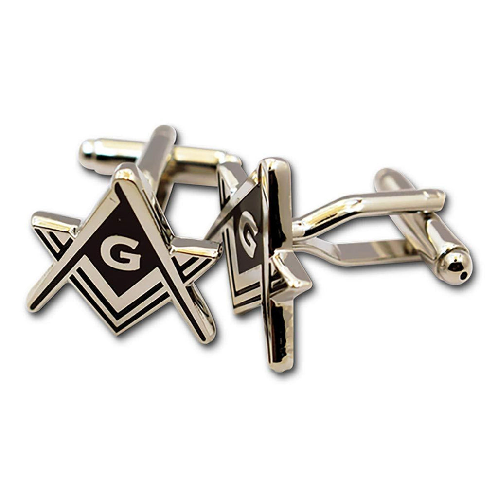 [Australia] - Square & Compass Masonic Cuff Link Pair - [Silver & Black][3/4'' Wide] 