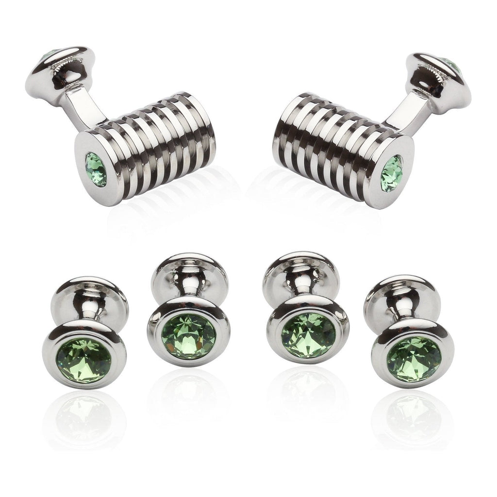 [Australia] - Cuff-Daddy Silver Peridot Green Crystal Barrel Formal Set Tuxedo Cufflinks Studs with Presentation Box 