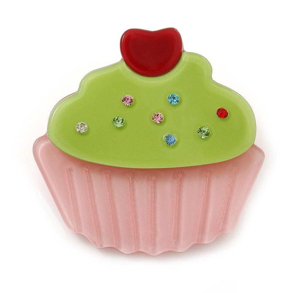 [Australia] - Avalaya Baby Pink/Lime Green Austrian Crystal Acrylic 'Cupcake' Pin Brooch - 40mm Across 