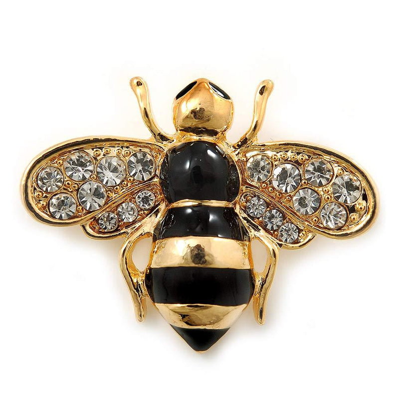 [Australia] - Small Black Enamel Crystal 'Bee' Brooch In Gold Plating - 35mm Across 