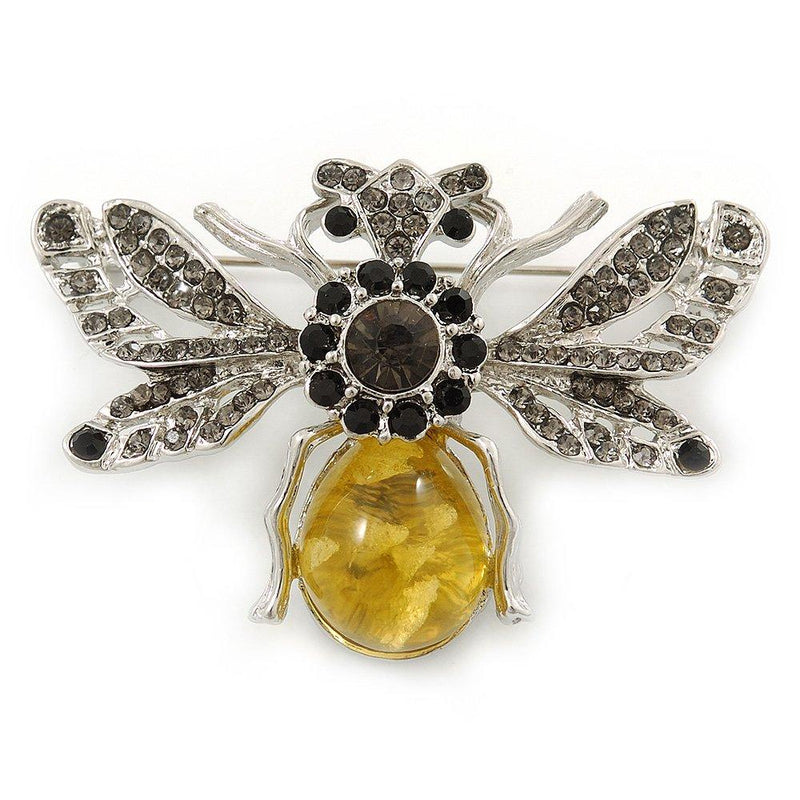 [Australia] - Avalaya Art Deco Bumble-Bee Dim Grey Crytal Brooch in Silver Tone - 55mm Across 