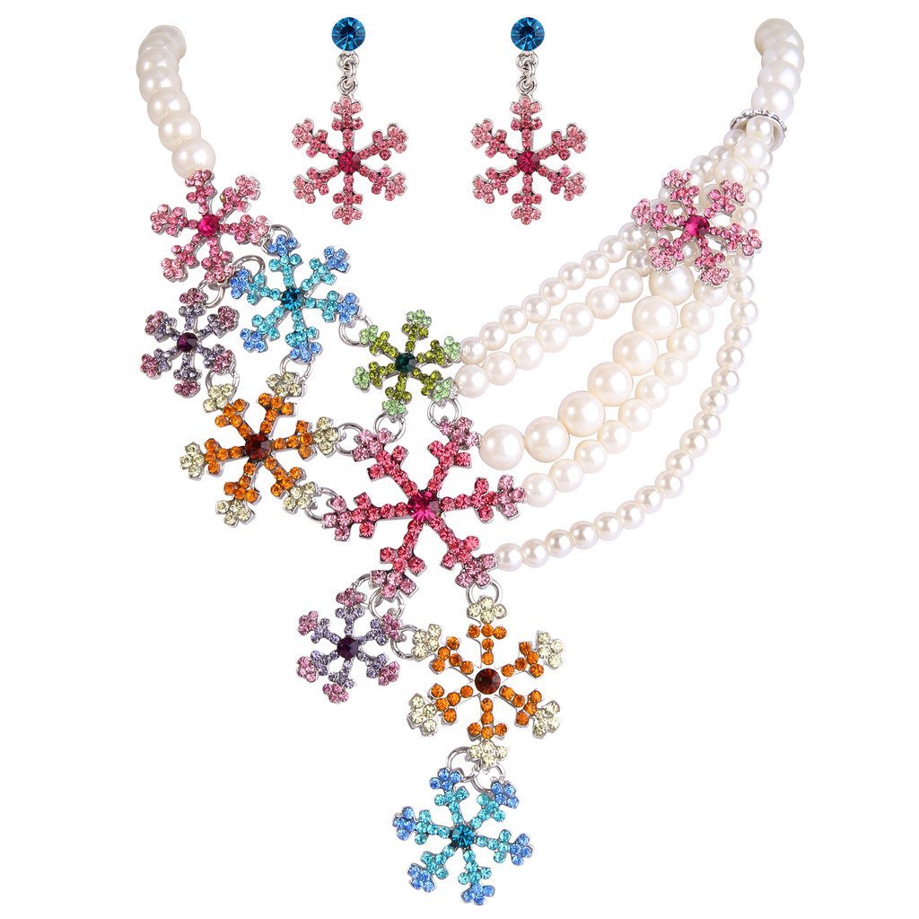 [Australia] - EVER FAITH Snowflake Simulated Pearl Austrian Crystal Necklace Earrings Set Multicolor Silver-Tone 