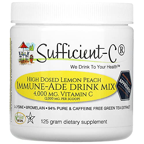 [Australia] - Sufficient-C High Dose Non-GMO Vitamin C Lemon Peach Immune-Ade Drink Mix, Convenient 125 Grams - with L-lysine, Bromelain and a Premium 96% Pure Green Tea Extract - immune, thyroid and collagen support for healthy skin - UTI, acne, cold and canker sor... 
