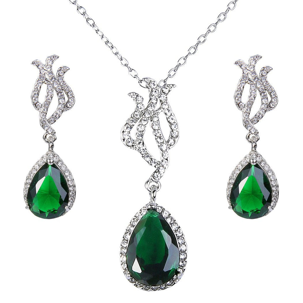 [Australia] - EVER FAITH Art Deco Tear Drop CZ Necklace Earrings Set Silver-Tone Emerald Color May Birthstone 