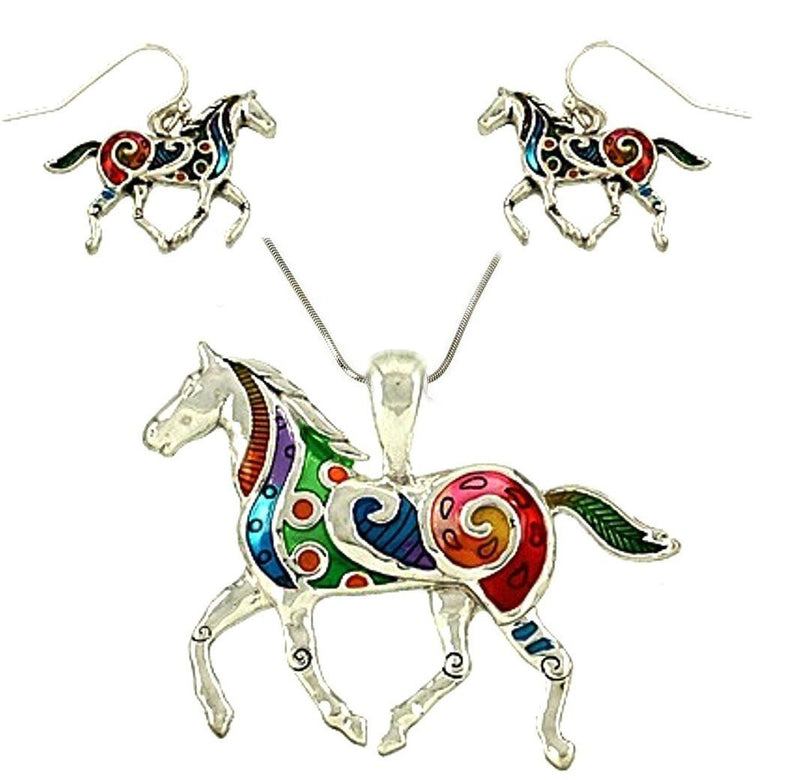 [Australia] - DianaL Boutique Colorful Enameled Hand Painted Horse Pendant Necklace and Earrings Set with 18" Chain Gift Boxed Fashion Jewelry 