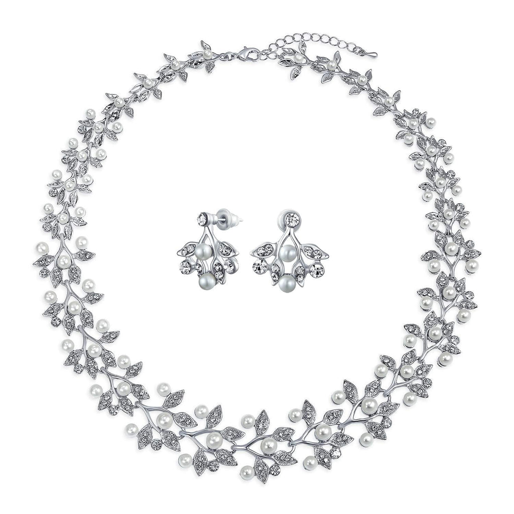 [Australia] - Bridal Fashion Simulated Pearl Cubic Zirconia AAA CZ Leaf Statement Necklace Jewelry Set for Women for Bride for Wedding 