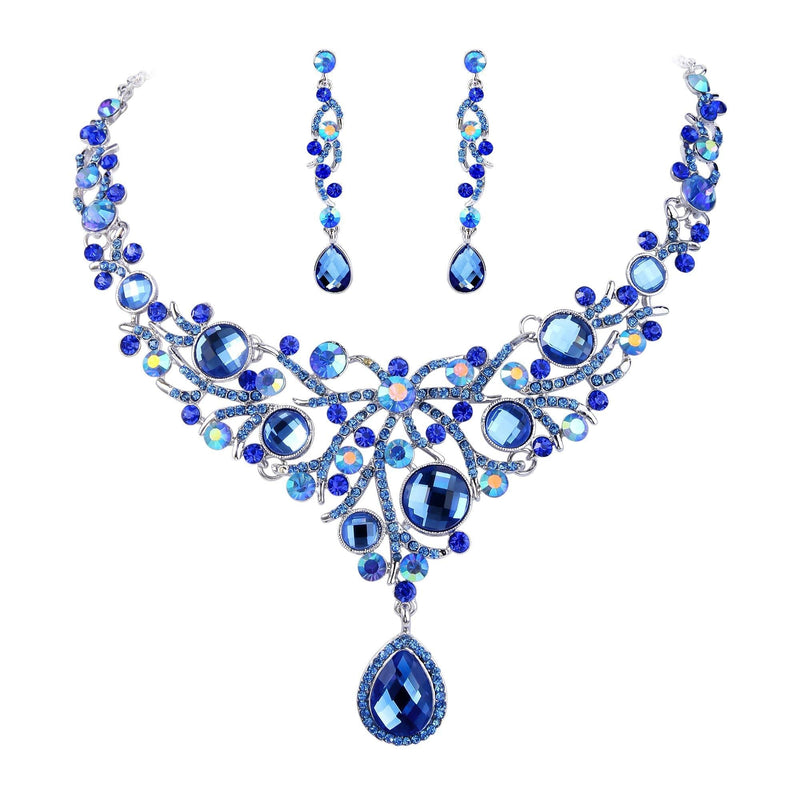 [Australia] - EVER FAITH Deluxe Teardrop Austrian Crystal Pendant Necklace Earrings Set Silver-Tone Blue 