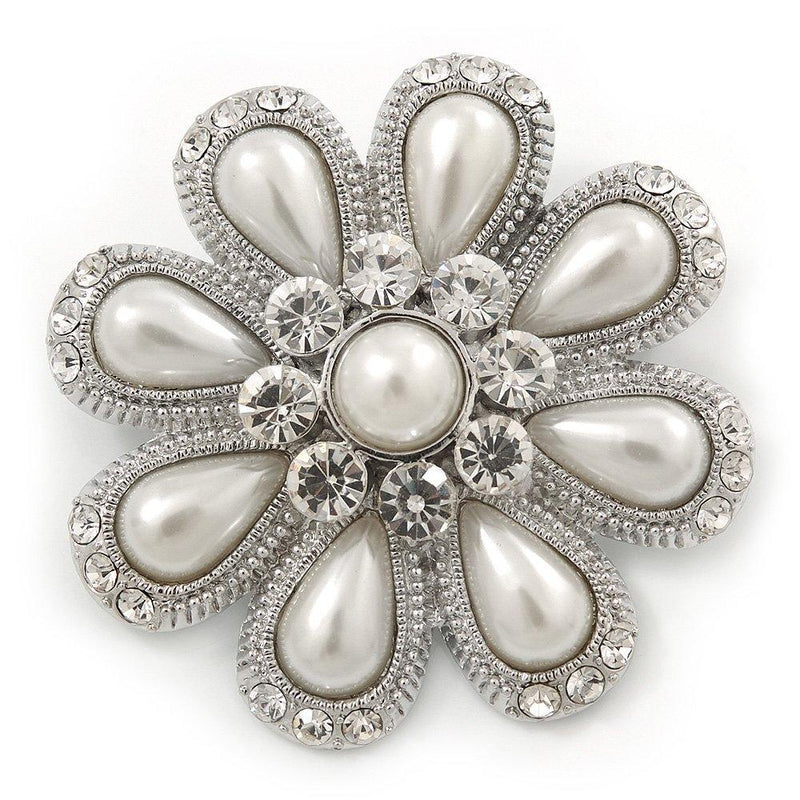 [Australia] - Avalaya Bridal Rhodium Plated White Glass Pearl, Clear Crystals 'Daisy' Brooch - 50mm Diameter 
