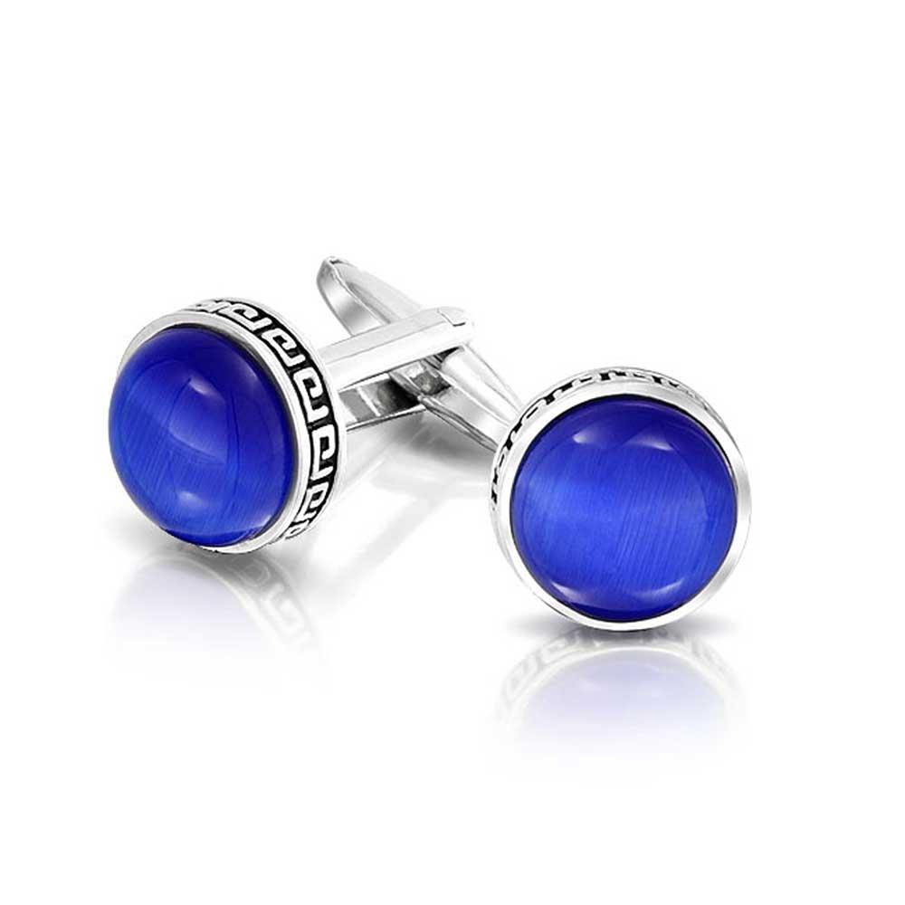 [Australia] - Geometric Ancient Fret Greek Key Pattern Edge Blue or Black Simulated Onyx or Sapphire Gemstone Round Dome Glass Shirt Cuff links For Men Executive Bullet Hinge Back Silver Tone Stainless Steel 