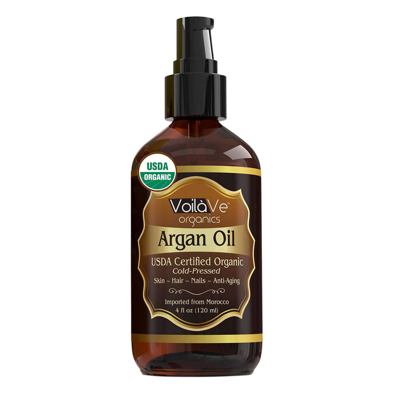 [Australia] - VoilaVe USDA and ECOCERT Pure Organic Moroccan Argan Oil for Skin, Nails & Hair Growth, Anti-Aging Face Moisturizer, Cold Pressed, Hair Moisturizer, Rich in Vitamin E & Carotenes, 4 fl oz 