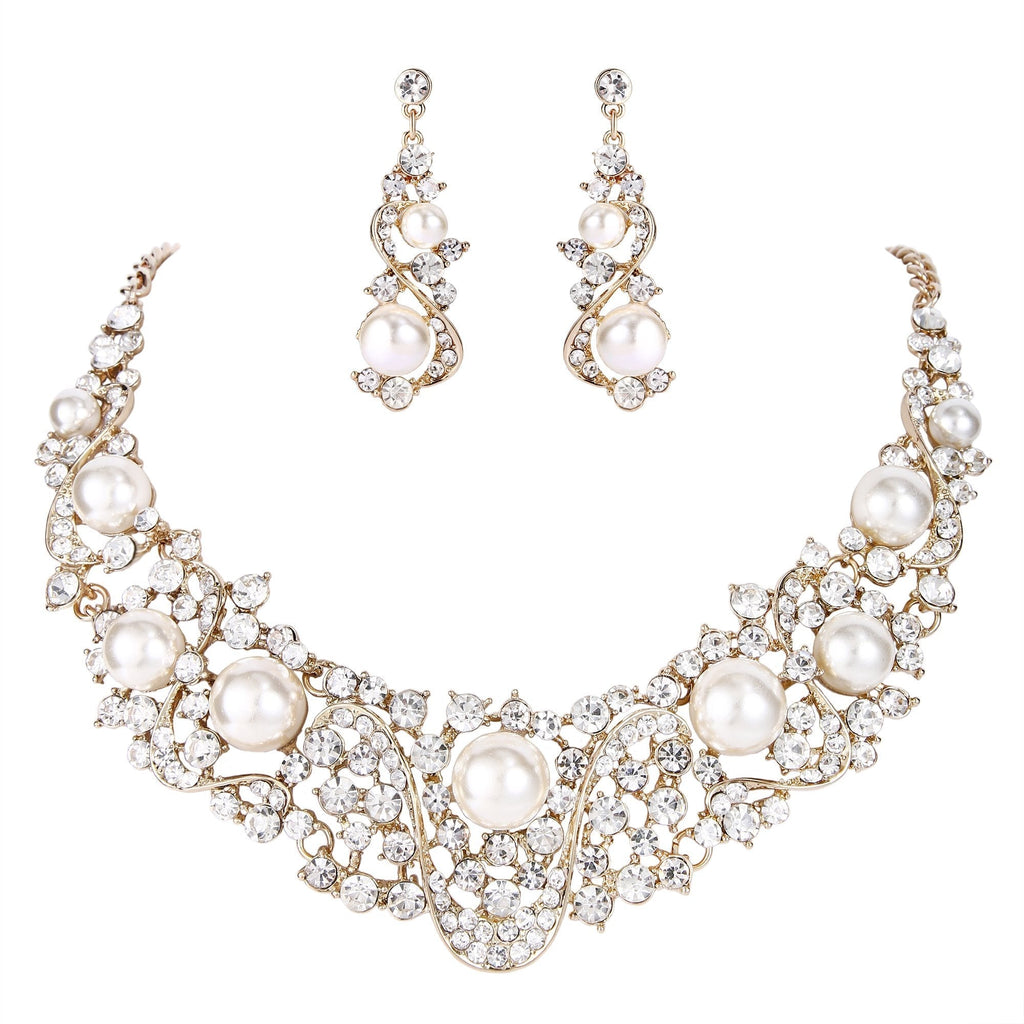 [Australia] - EVER FAITH Flower Ribbon Ivory Color Cream Simulated Pearl Austrian Crystal Necklace Earrings Set A_Gold-Tone 