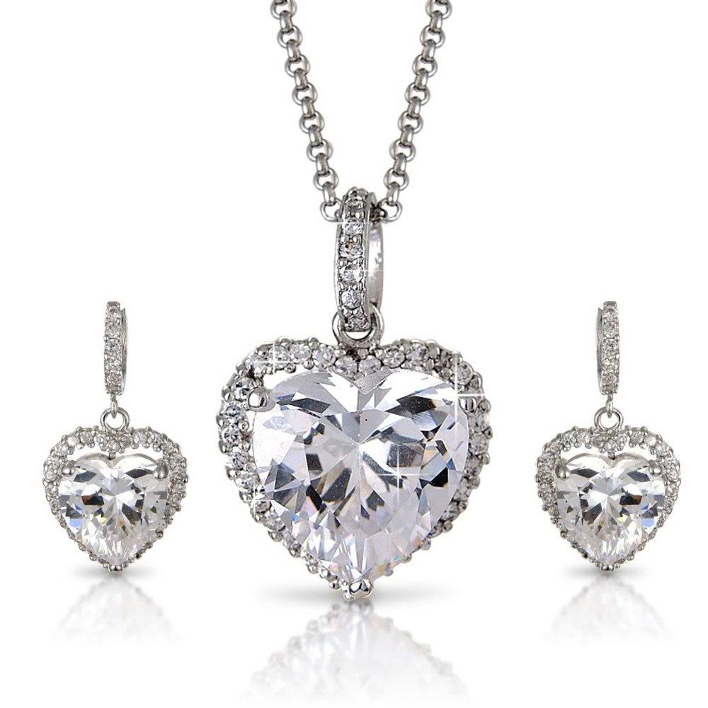 [Australia] - Bridal Evening Wear - White 14K Silver Tone Crystals Pave Heart Necklace Earrings Set 