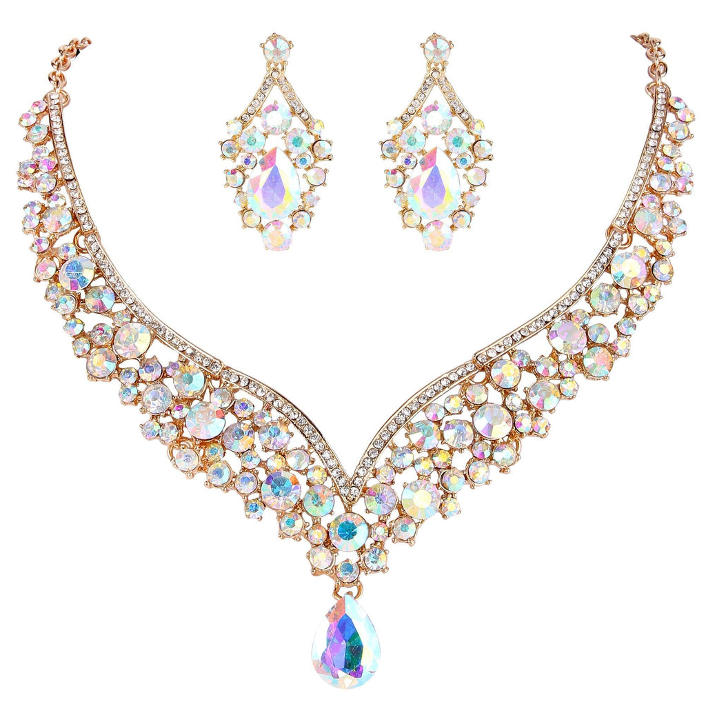 [Australia] - EVER FAITH Austrian Crystal Elegant V-Shaped Teardrop Necklace Earrings Set Iridescent Clear AB Gold-Tone 