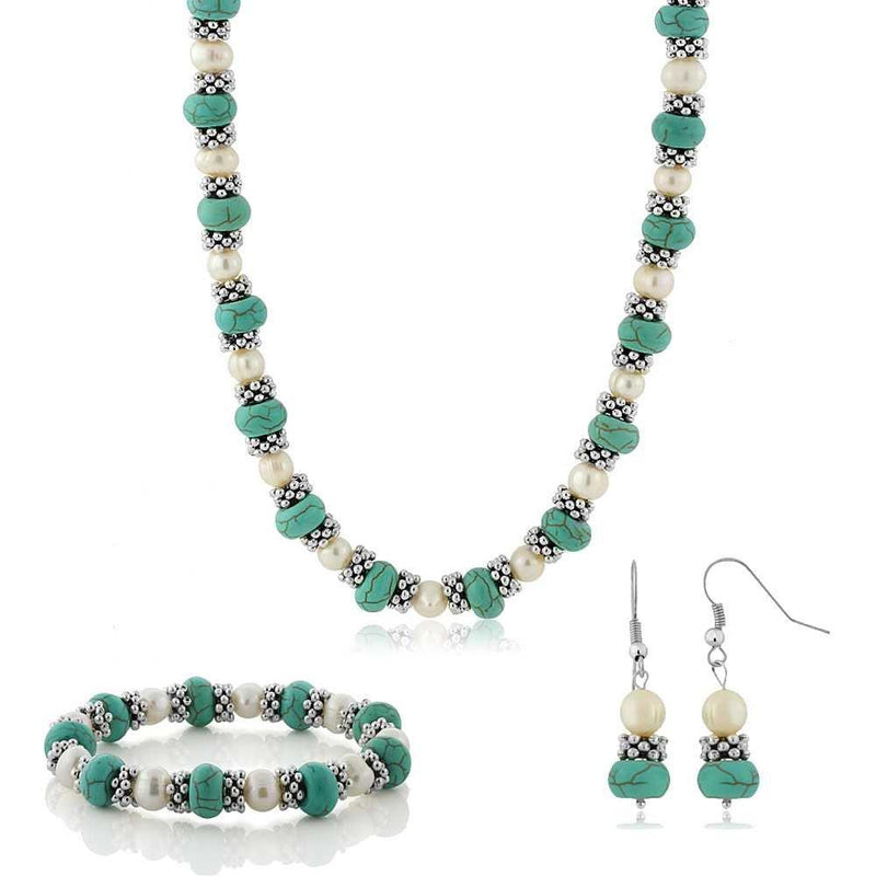 [Australia] - Gem Stone King 18 Inch Simulated Turquoise Howlite and Cultured Freshwater Pearl and Spacers Necklace + Earrings 