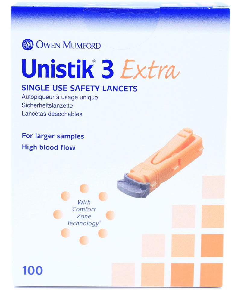 [Australia] - Unistik 3 Extra Safety Lancets - Box of 100-21G with 2mm Penetration Depth 