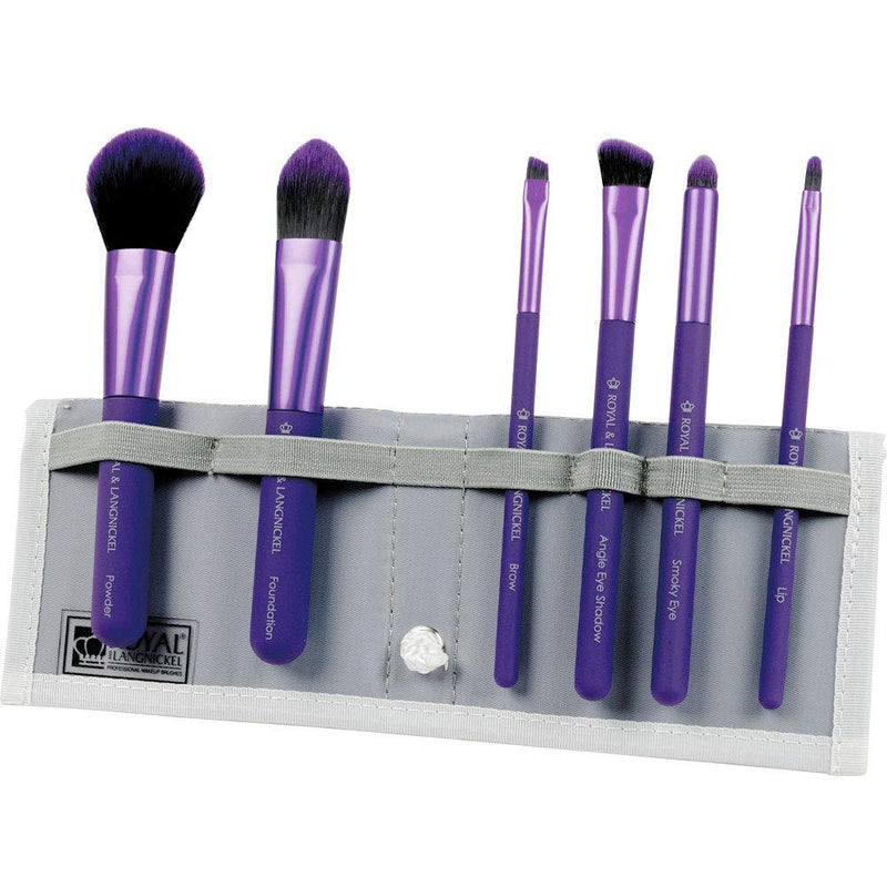 [Australia] - MODA Travel Size Total Face Makeup Brush Set with Pouch, Includes - Powder, Foundation, Angle Shader, Smokey Eye, Brow Liner and Pointed Lip Brushes (Purple) Purple 