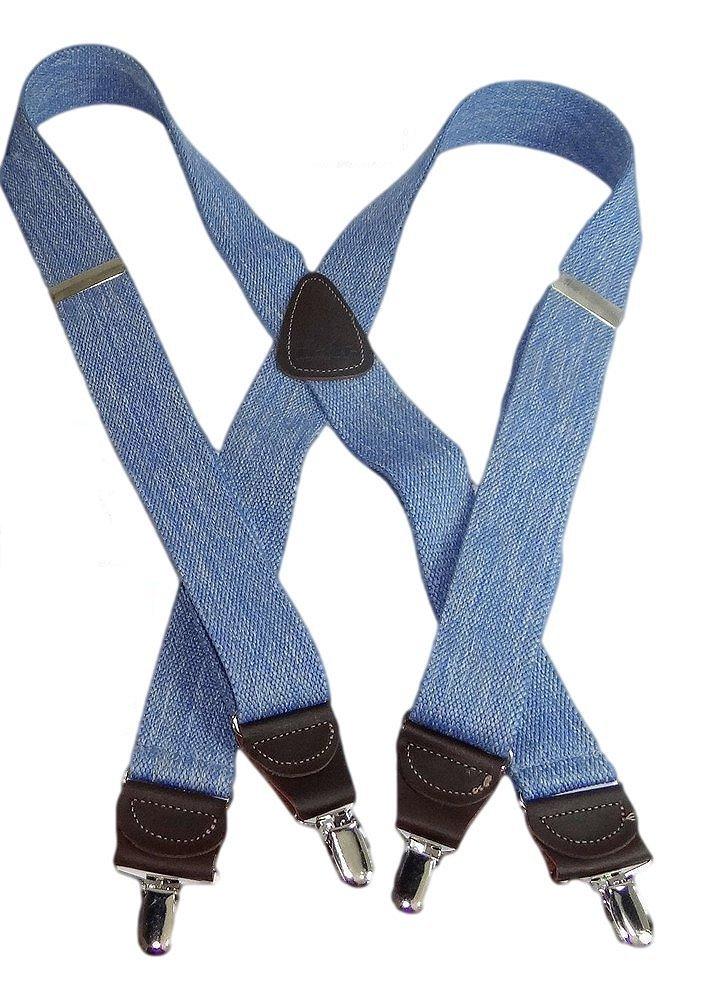 [Australia] - Holdup Suspenders in Light Blue Denim color have USA made 1 1/2" wide straps and X-back Crosspatch with No-slip Silver Clips 