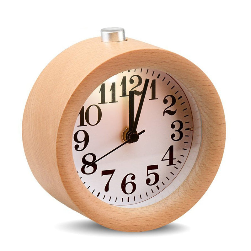 [Australia] - ECVISION Handmade Classic Small Round Silent table Snooze beech Wood Alarm Clock with nightlight Light Woodgrain 