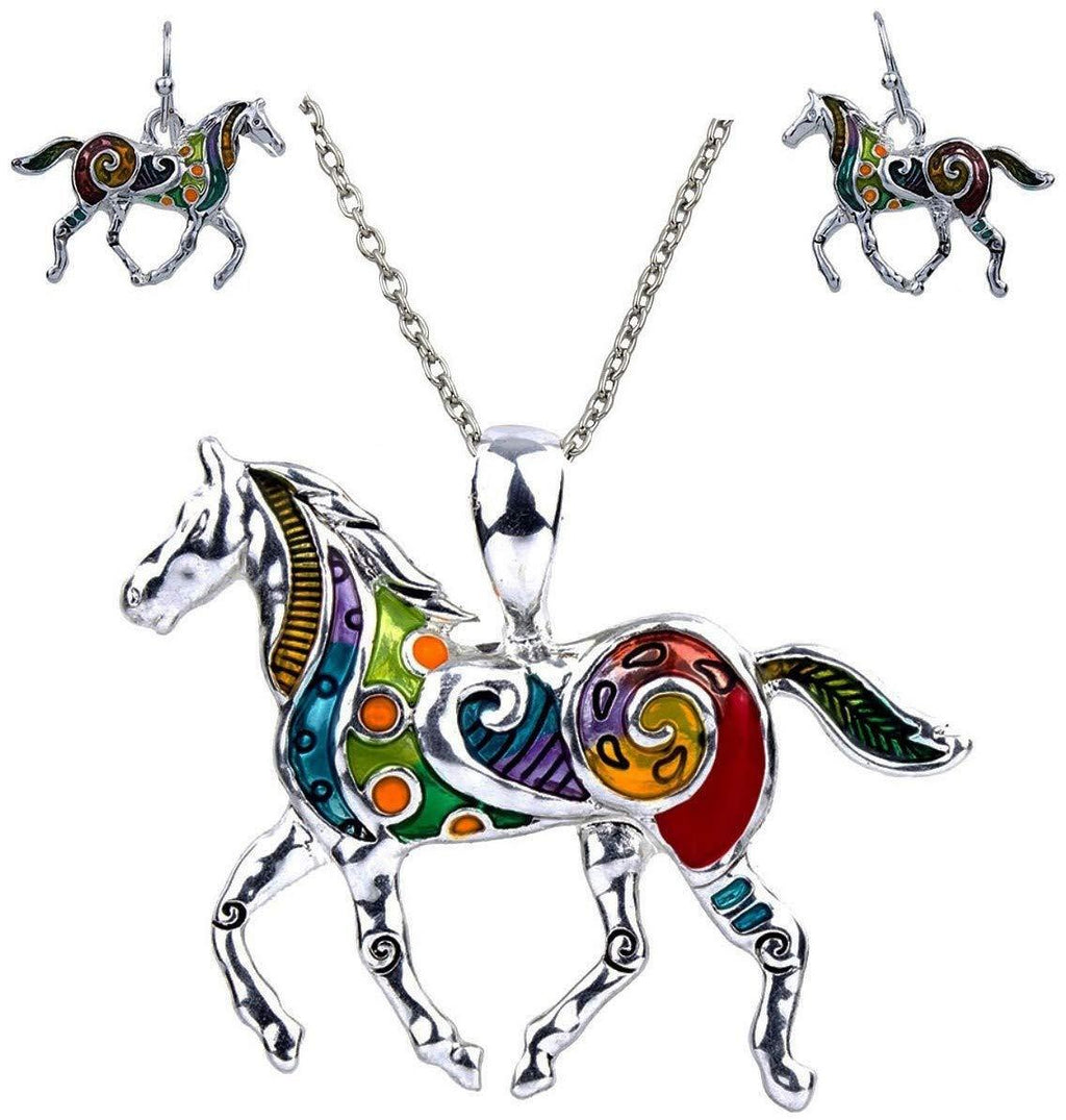 [Australia] - DianaL Boutique Colorful Enameled Horse Pendant Necklace and Earrings Set, 24" Chain 