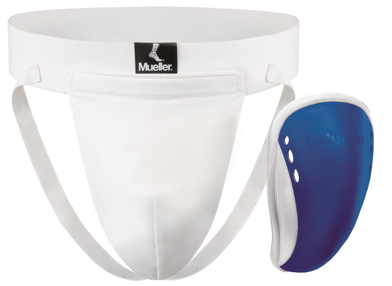 [Australia] - Mueller Sports Medicine Athletic Supporter with Flex Shield Cup, White/Blue, Youth Large Large (Pack of 1) 