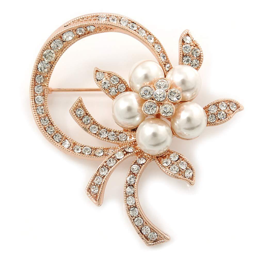 [Australia] - Avalaya Bridal Crystal, Similutated Pearl Flower Brooch in Rose Tone Gold - 50mm Across 