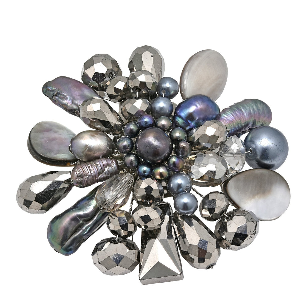 [Australia] - AeraVida Midnight Marigold Cultured Freshwater Pearl-Mother of Pearl-Reconstructed Agate Pin or Brooch 