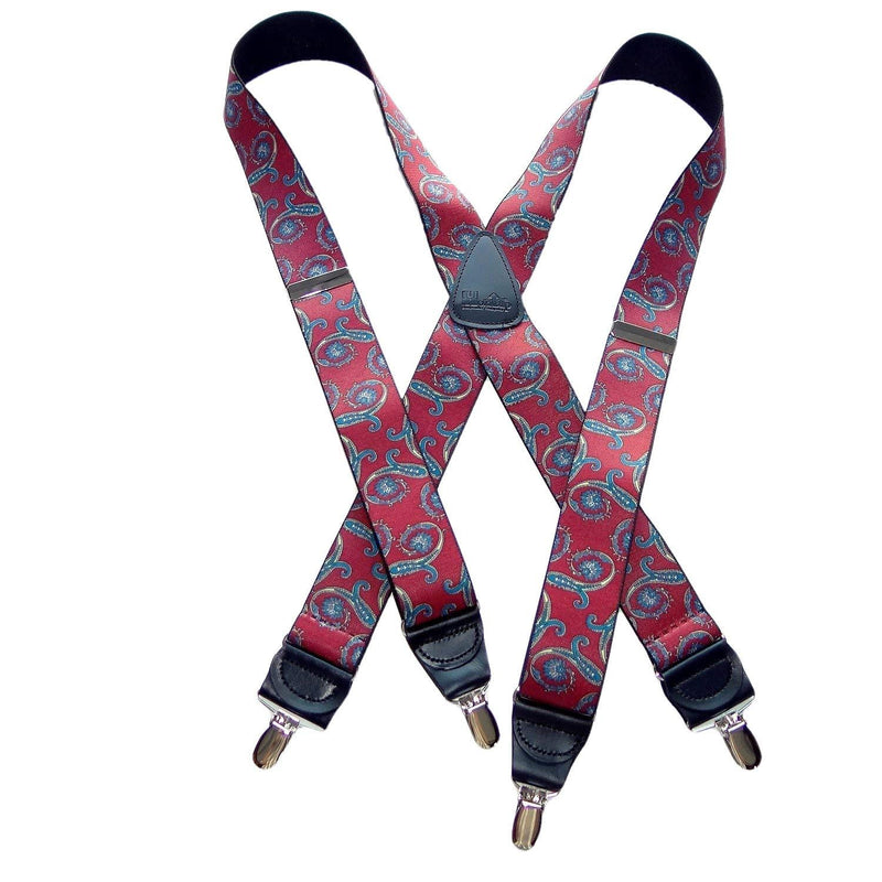 [Australia] - USA made Red Paisley Pattern Holdup Suspenders with black leather X-back crosspatch and Patented No-slip Silver Clips 