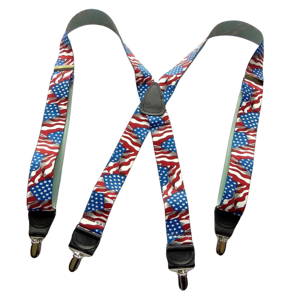 [Australia] - Holdup USA Flag Pattern Designer series X-back suspenders in 1 1/2" width and patented No-slip Silver-tone Clips 