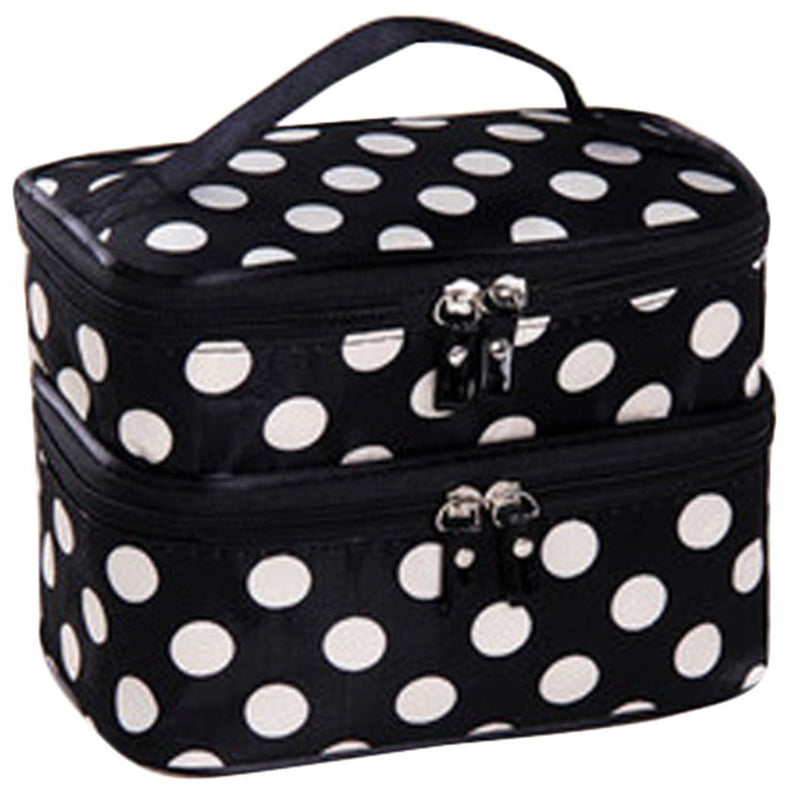 [Australia] - JOVANA Double Layer Cosmetic Bag Black with White Dot Travel Toiletry Cosmetic Makeup Bag Organizer With Mirror 