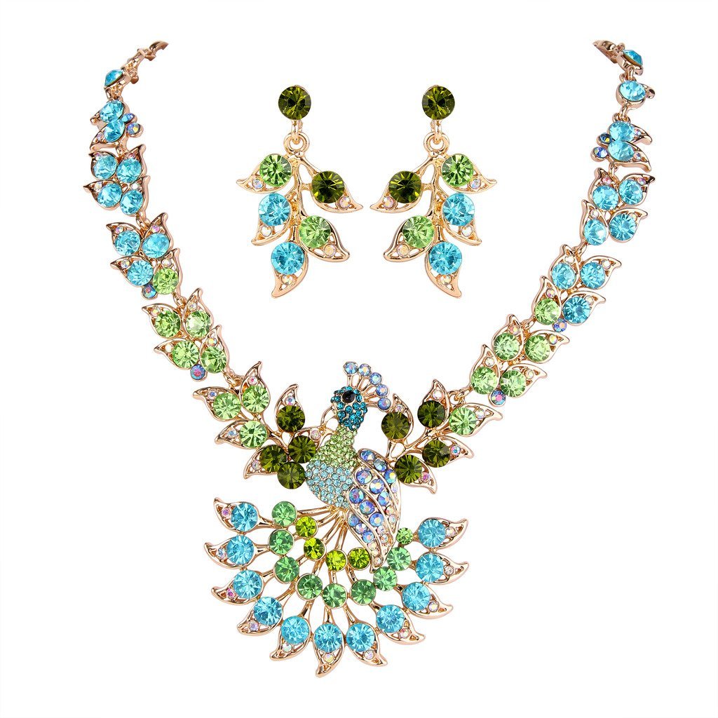 [Australia] - EVER FAITH Women's Austrian Crystal Peacock Feather Animal Necklace Earrings Set Green w/Blue Gold-Tone 