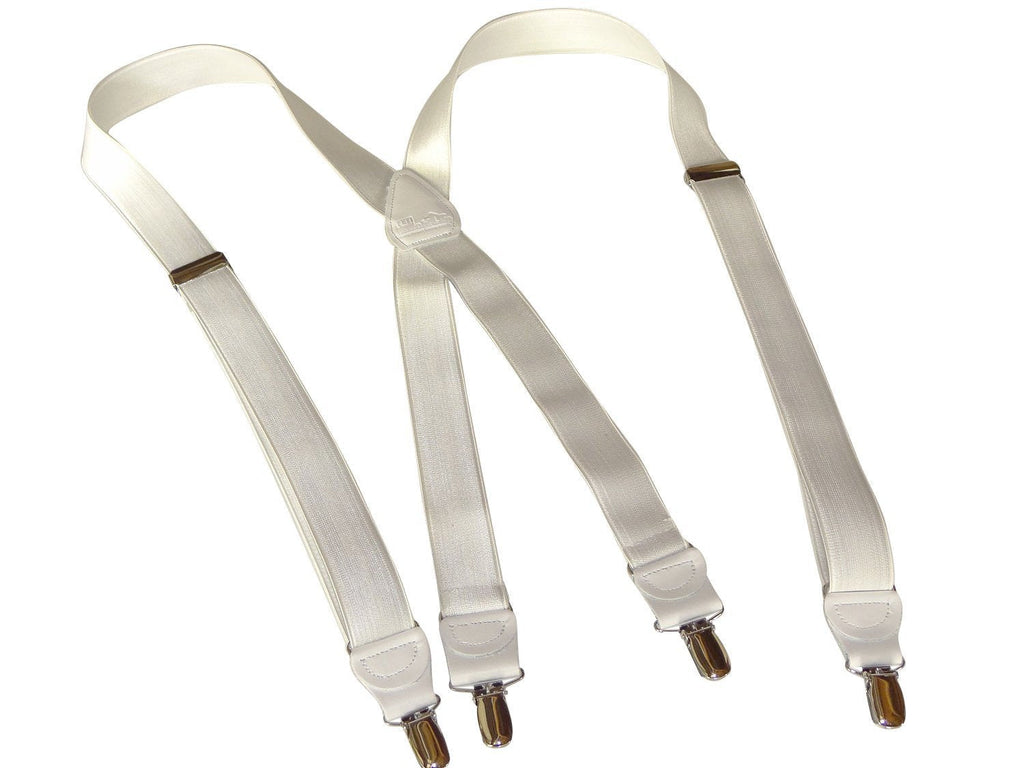 [Australia] - USA made Holdup Brand 1" wide Satin finish White suspenders X-back with No-slip gold clips 