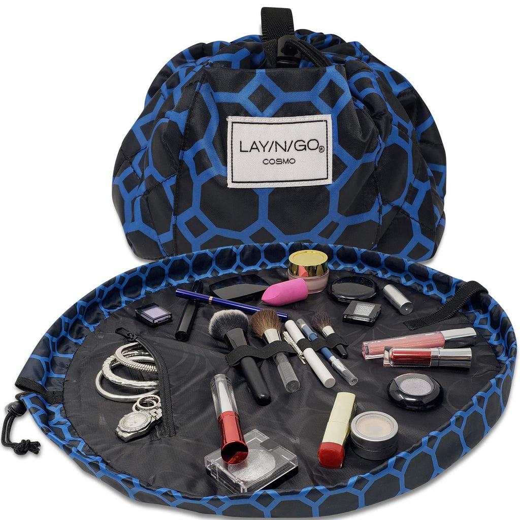 [Australia] - Lay-n-Go Drawstring Makeup Bag – Sapphire Blue/Black, 20 inch - Travel Cosmetic Bag and Jewelry, Electronics, Toiletry Bag – Perfect Gift 