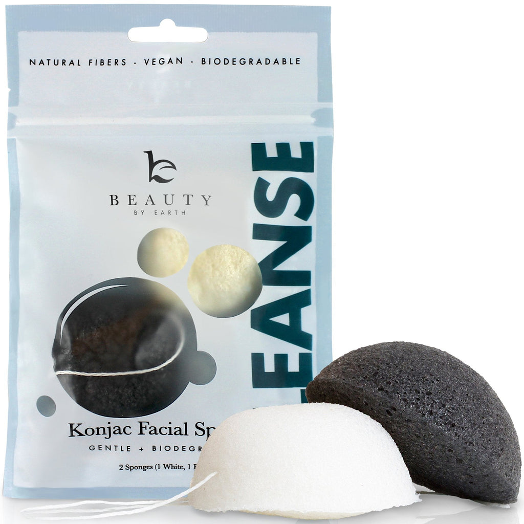 [Australia] - Konjac Sponge - 2 Pack of Natural Facial Sponges for Gentle Cleansing and Face Exfoliating Loofah for Use with Wash, Cleanser or Oil to Clean Skin (1 White Natural, 1 Black Charcoal) 1 set 