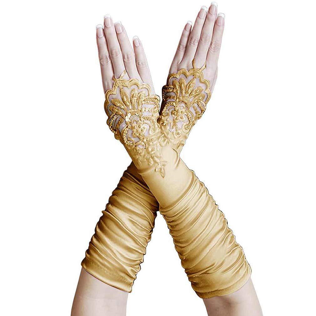 [Australia] - ZAZA BRIDAL Gathered Satin Fingerless Gloves w/Floral Embroidery Lace & Sequins Gold 
