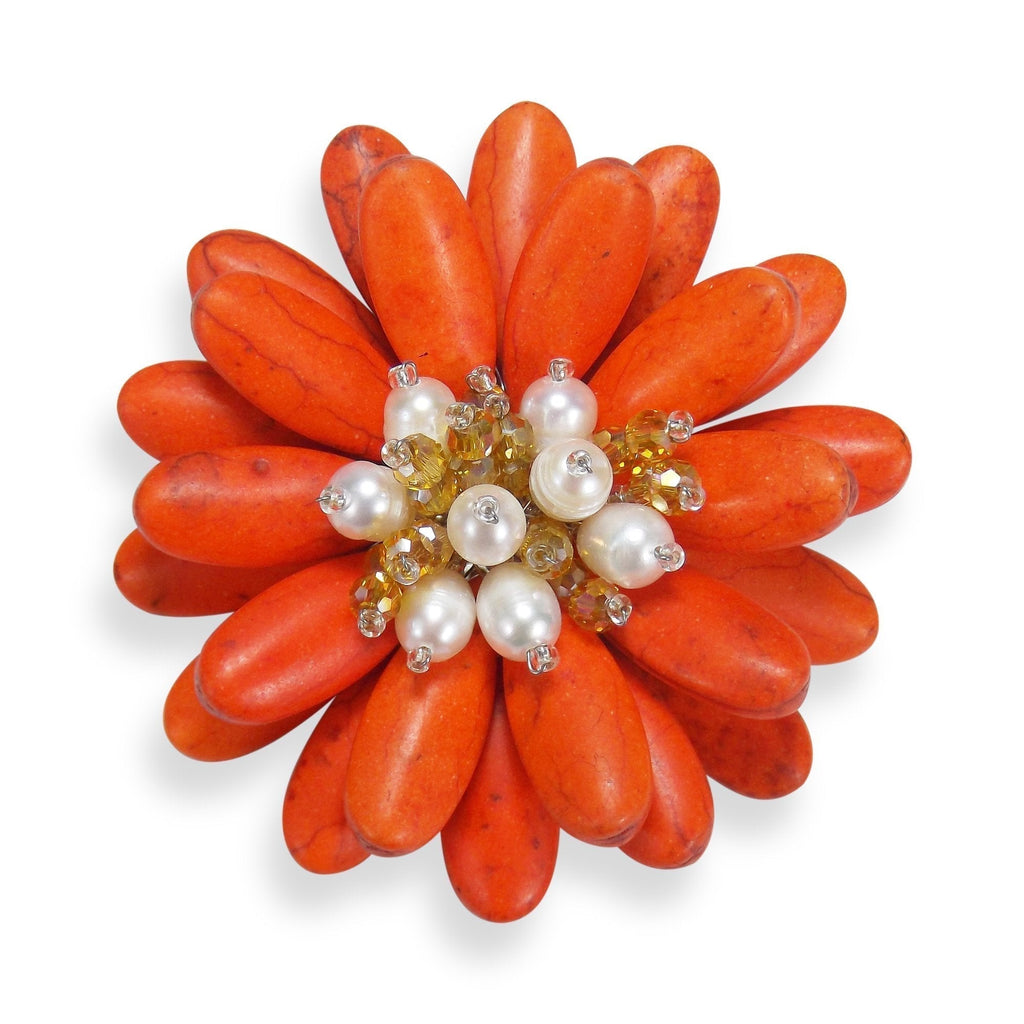 [Australia] - AeraVida Double Sunflower Dyed Orange Howlite and Cultured Freshwater White Pearl Floral Pin or Brooch 