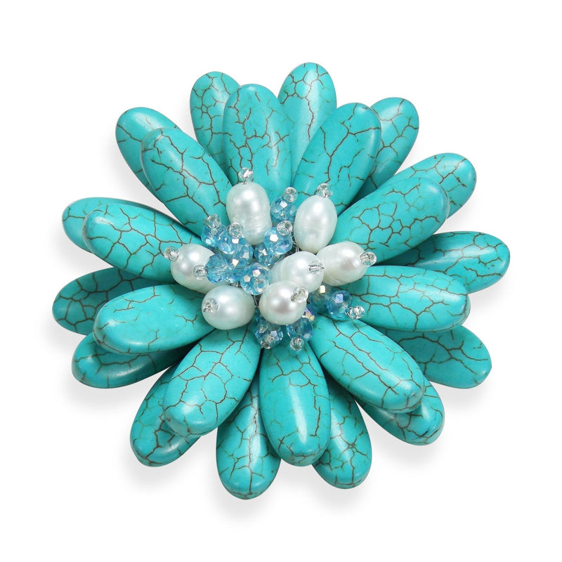 [Australia] - AeraVida Double Sunflower Simulated Turquoise and Cultured Freshwater White Pearl Floral Pin or Brooch 