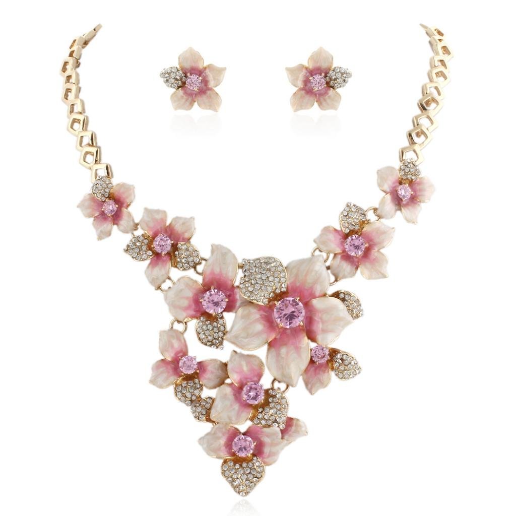 [Australia] - EVER FAITH Women's Austrian Crystal Enamel Camellia Flower Necklace Earrings Set Pink Gold-Tone 