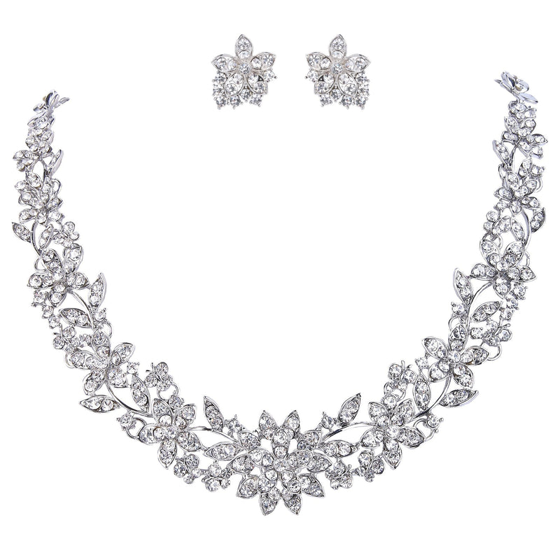 [Australia] - EVER FAITH Wedding Cluster Flower Leaf Necklace Earrings Set Clear Austrian Crystal Silver-Tone 
